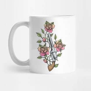 Revolver with Branch of Rose flower drawn in Tattoo style. Vector illustration. Mug